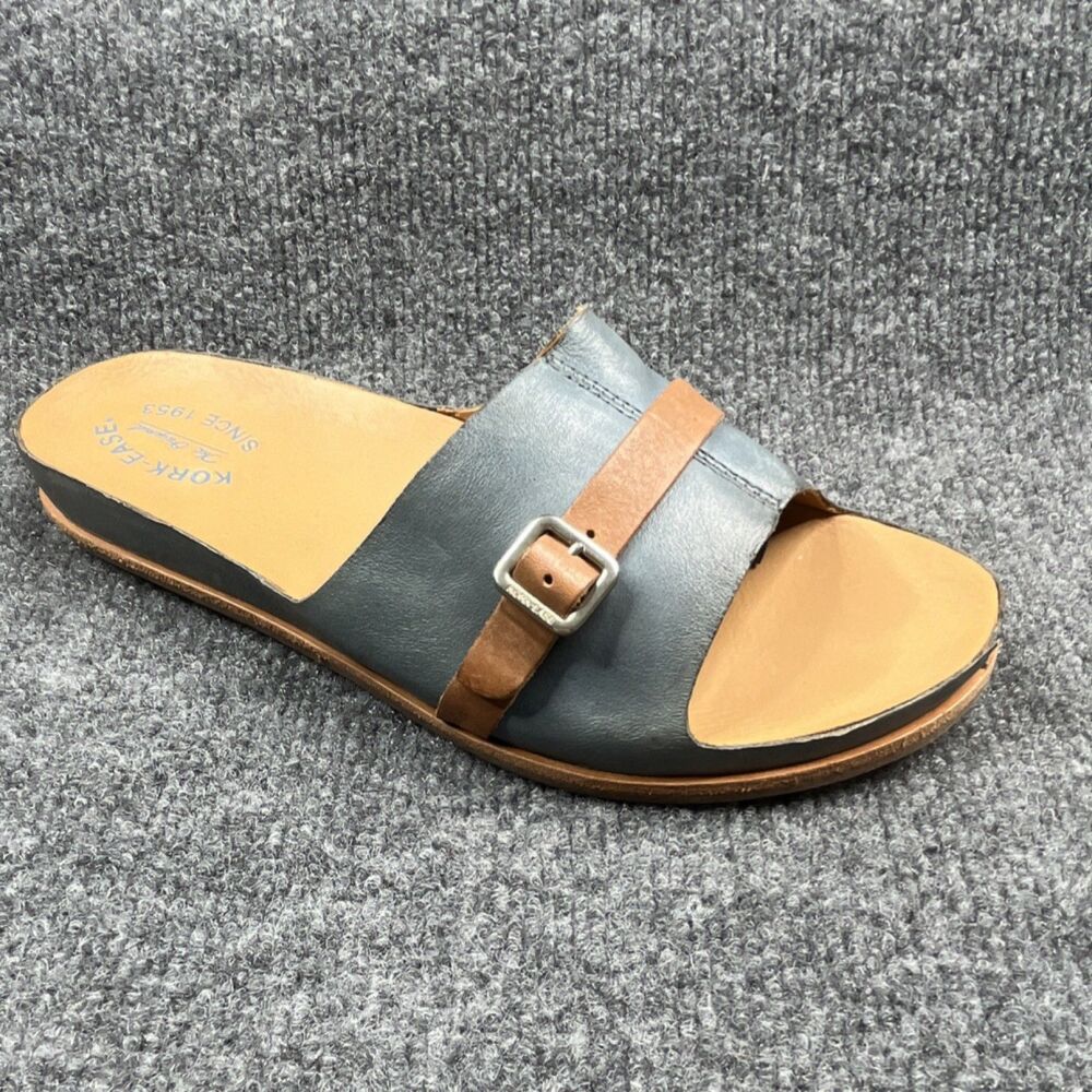 Kork-Ease Women's Buckle Adjustable Slide Sandals Blue Gray Tan Leather Size 10